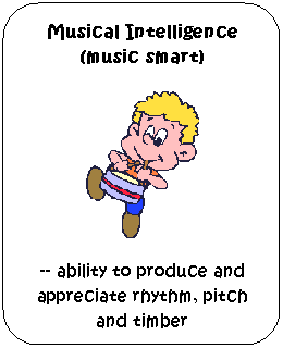 Flowchart: Alternate Process: Musical Intelligence (music smart) 

-- ability to produce and appreciate rhythm, pitch and timber
 
 
