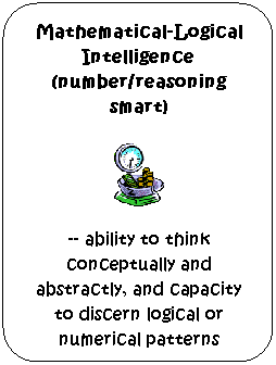 Flowchart: Alternate Process: Mathematical-Logical Intelligence (number/reasoning smart) 

-- ability to think conceptually and abstractly, and capacity to discern logical or numerical patterns
 
 

